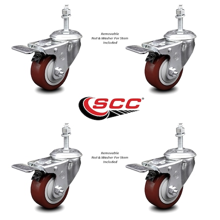 Service Caster 3.5 Inch Maroon Polyurethane Swivel 3/8 Inch Stem Caster Set Total Lock Brake SCC-TSTTL20S3514-PPUB-MRN-381615-4